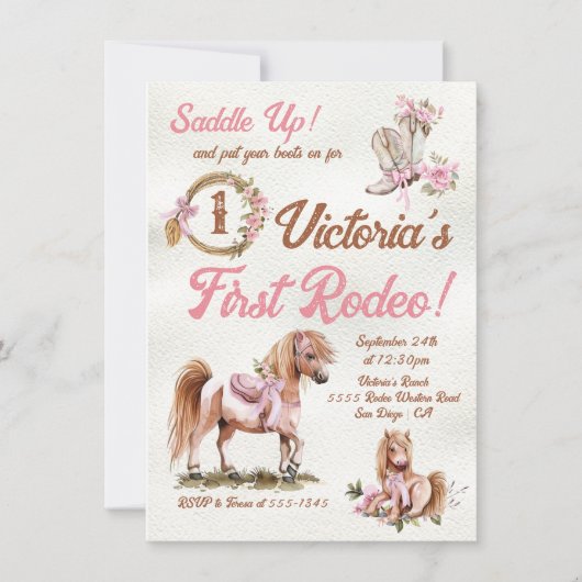 Western Cowgirl Rodeo Pink Bow Pony Birthday Einladung (Vorderseite)