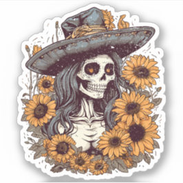 Western Cowgirl Skeleton Sunflowers Aufkleber