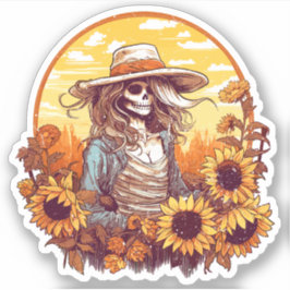 Western Cowgirl Skelett mit Fall Sonnenblumen Aufkleber