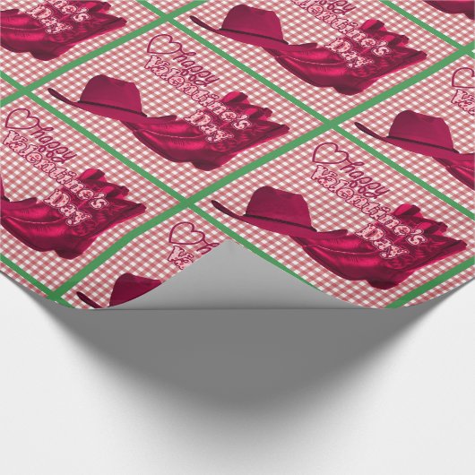 Western Cowgirl Stiefel und Hut Valentine auf Karo Geschenkpapier (Ecke)