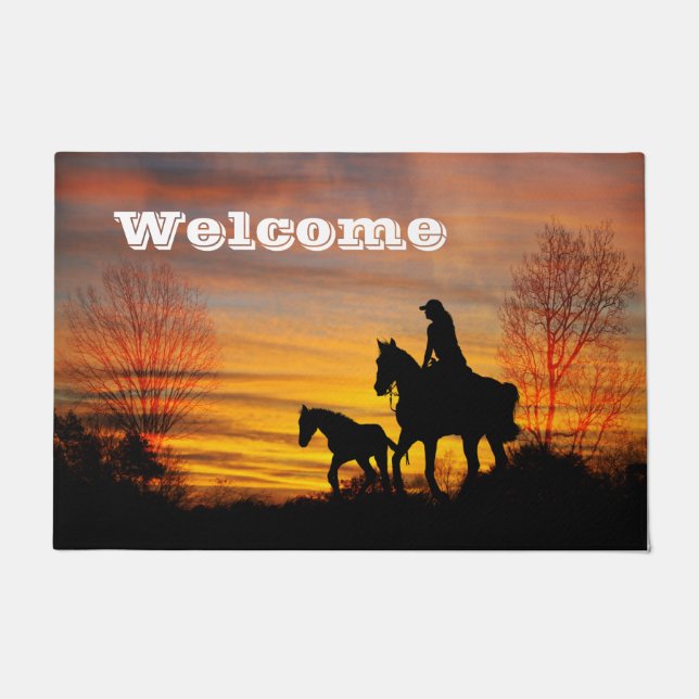 Western Cowgirl Sunset Horseback Door Mat Fußmatte (Vorderseite)