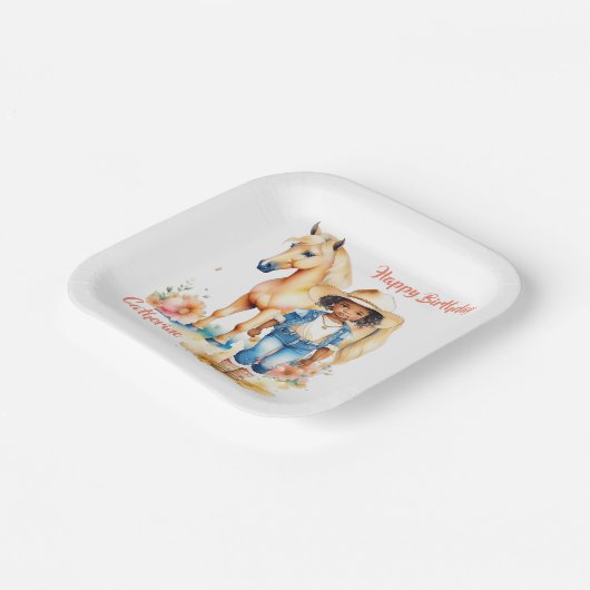 Western Cowgirl und Pferd Personalisiert Geburtsta Pappteller (Gewinkelt)