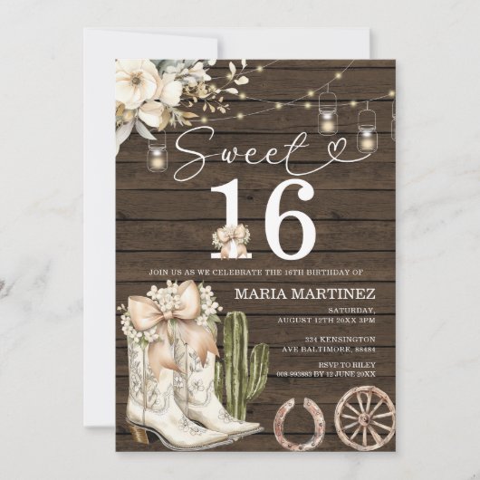 Western Cowgirl White Boots Wood Sweet 16 Geburtst Einladung (Vorderseite)