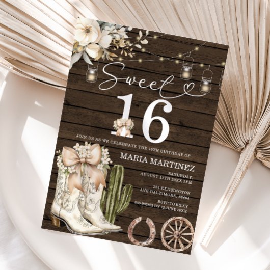Western Cowgirl White Boots Wood Sweet 16 Geburtst Einladung
