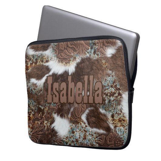 Western Cowhide Brown Leather Print Rodeo Laptopschutzhülle (Vorderseite Links)