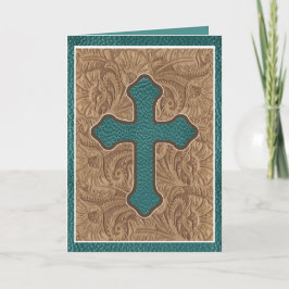 Western Cross Leather Print Tan Aquamarin Holiday Karte