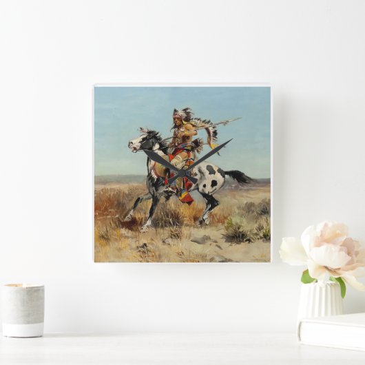 Western "Dakota Chief" Art von Charles M. Russell Quadratische Wanduhr (Zuhause)