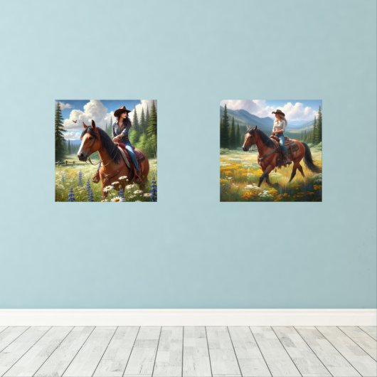 Western Deco Cowgirls Reiten Pferde Print Set (Holzboden)