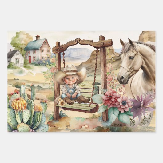 Western-Decodipage - kleines Cowgirl im Schaupferd Geschenkpapier Set (Vorderseite 3)