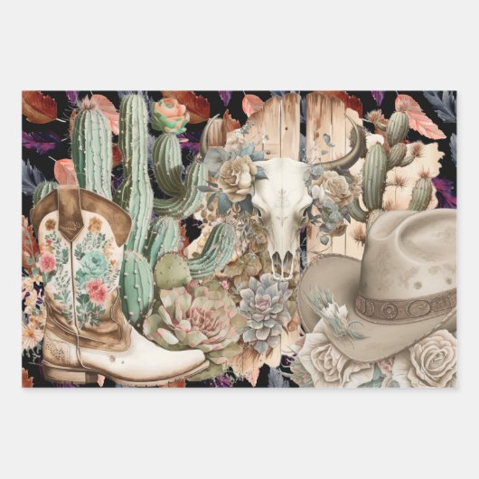 Western-Decodipage - Skull Cowboy Stiefel Kaktus Geschenkpapier Set (Vorderseite)