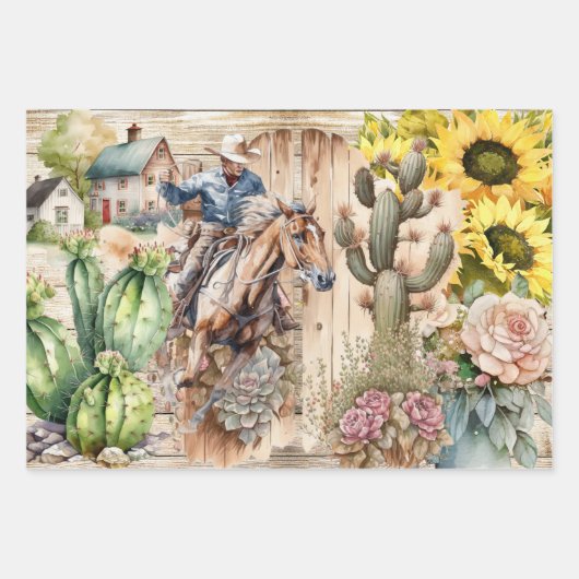 Western decoupage - Cowboysonnenblume rustikale Ra Geschenkpapier Set (Vorderseite)