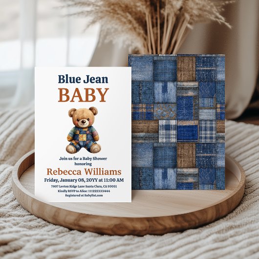 Western Denim Patchwork Bear Blue Jean Baby Shower Einladung