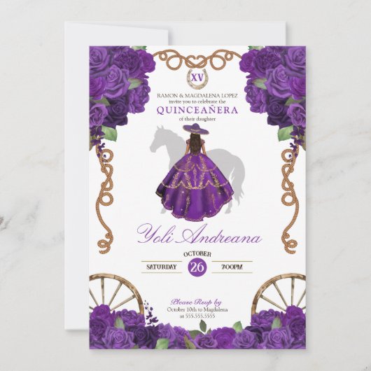 Western der lila Rose Ranchera Quinceanera Einladung (Vorderseite)