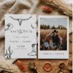 Western Desert Country cowboy Photo Save The Date<br><div class="desc">Celebrate your love with this rustic western cowboy wedding save the date card. This design features hand-drawn western illustrations including a longhorn skull, cactus, cowboy boots, horseshoe, and hat on a warm terracotta background. Perfect for couples planning a country, ranch, or western themed wedding. The elegant typography combined with rustic...</div>