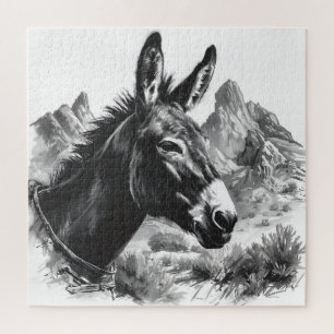 Western Donkey Vintag Black & White Puzzle