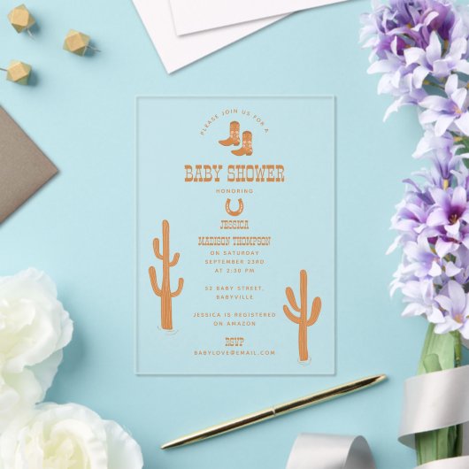 Western Earth Tone Country Baby Boots Dusche Acryleinladungen (In Situ (Hochzeit))