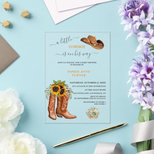 Western Ein kleiner Cowboy Boots Boy Baby Dusche Acryleinladungen (In Situ (Hochzeit))