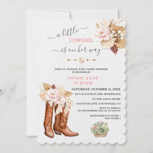 Western Eine kleine Cowgirl Boots Babydusche Einladung (Vorderseite)