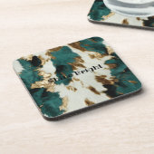 Western Emerald Gold White Cowhide Getränkeuntersetzer (Linke Seite)