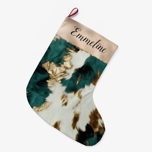 Western Emerald Gold White Cowhide Großer Weihnachtsstrumpf (Vorderansicht (hängend))