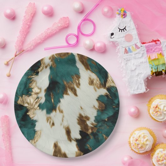 Western Emerald Gold White Cowhide Pappteller (Party)