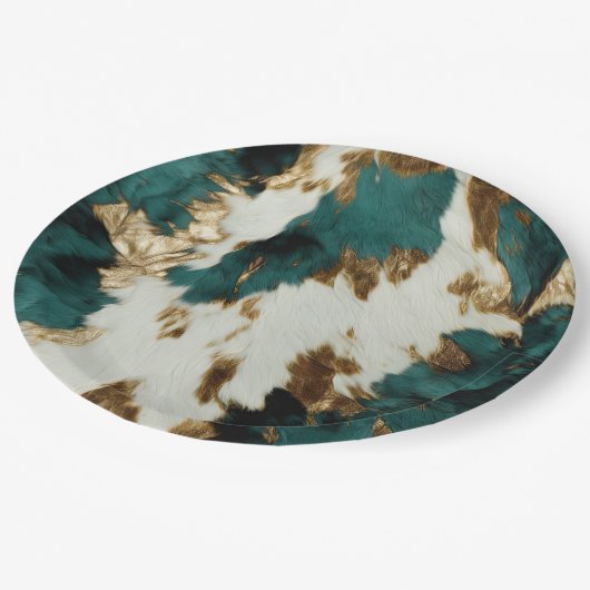 Western Emerald Gold White Cowhide Pappteller (Schrägansicht)