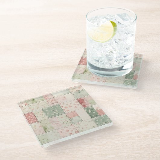 Western Farm Mint Pink Floral Quilt Patterns Glasuntersetzer (Schrägansicht)