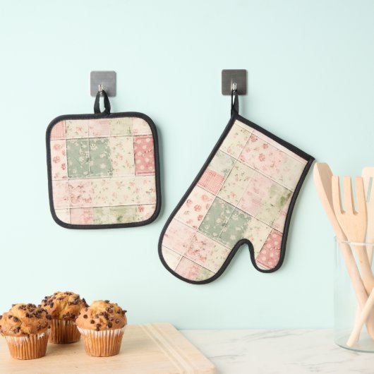 Western Farm Mint Pink Floral Quilt Patterns Ofenhandschuh & Topflappen-Set (Insitu (Hängend))