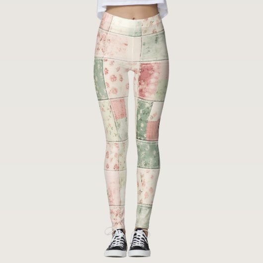Western Farm Mint Rosa Blumen Quilt Muster Leggings (Vorderseite)