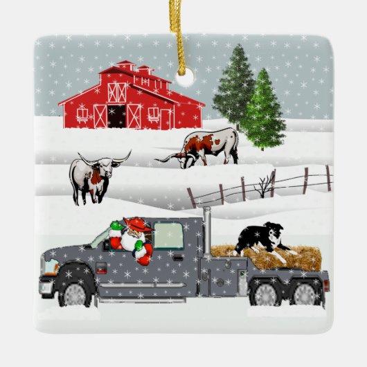 Western Farm Ranch Santa Cattle and Dog Keramikornament (Vorderseite)