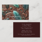 Western Faux Brown Leather Tooled Teal Feathers  Visitenkarte (Vorne/Hinten)
