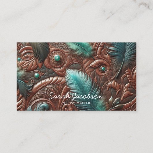 Western Faux Brown Leather Tooled Teal Feathers  Visitenkarte (Vorderseite)