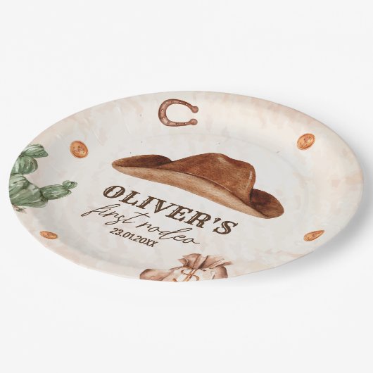 Western First Rodeo Wild West Cowboy 1st Birthday Pappteller (Schrägansicht)