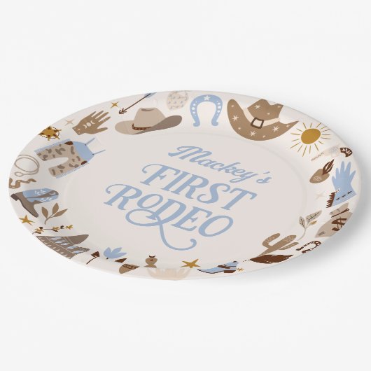Western First Rodeo Wild West Cowboy Blue Geburtst Pappteller (Schrägansicht)