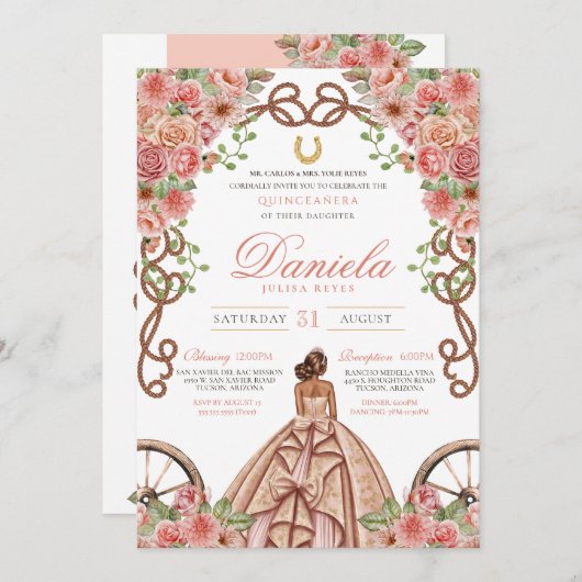 Western Floral Rose Gold Charro Quinceanera Einladung (Vorne/Hinten)