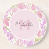 Western Fuchsia Pink Aquarellfarben Blume Monogram Getränkeuntersetzer (Vorne)