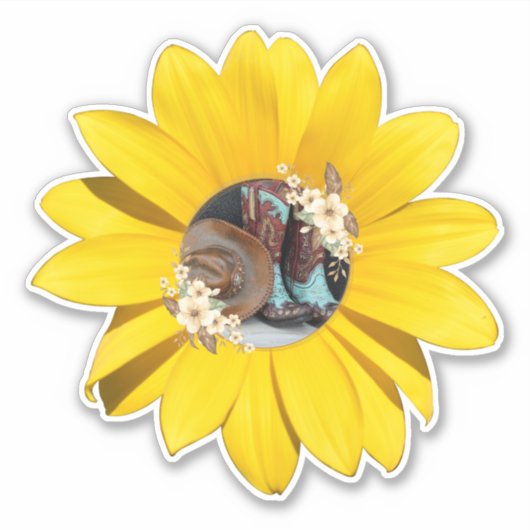 Western, gelbe Sonnenblume, Stiefel & Hut im Mitte Aufkleber (Vorderseite)