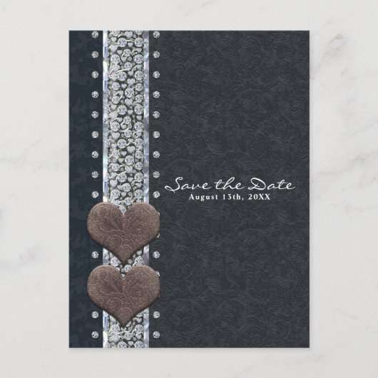 Western Glam Black Leather & Diamond Save the Date Ankündigungspostkarte (Vorderseite)