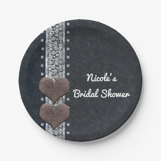 Western Glam Black Leather & Diamonds Bling Party Pappteller (Vorderseite)