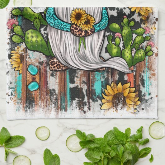 Western Gnome Sonnenblumen Türkis Stones Geschirrtuch (Gefaltet)