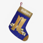 Western Gold Cowboy Cowgirl Stiefel auf blau Kleiner Weihnachtsstrumpf (Vorderansicht (hängend))