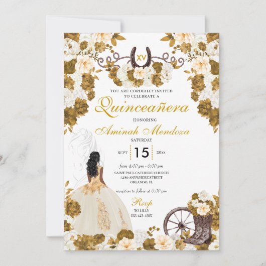 Western Gold Ivory Charro Cowgirl Quinceañera Einladung (Vorderseite)