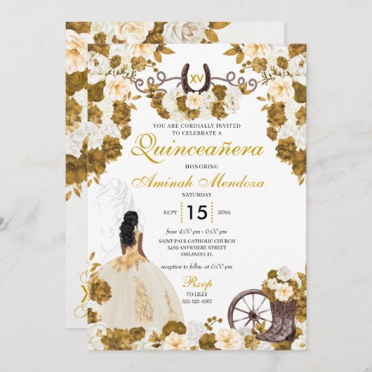 Western Gold Ivory Charro Cowgirl Quinceañera Einladung (Vorne/Hinten)
