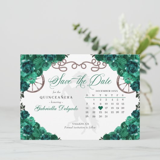 Western Green Charro Quinceañera Save the Date Einladung (Stehend Vorderseite)