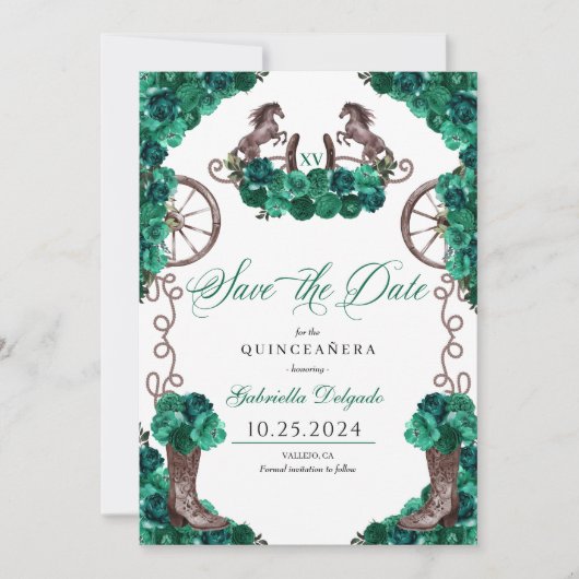 Western Green Charro Save the Date Quinceañera Einladung (Vorderseite)