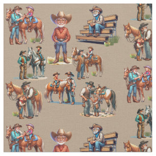 Western Großvater Cowboy mit Kindern und Pferden Stoff