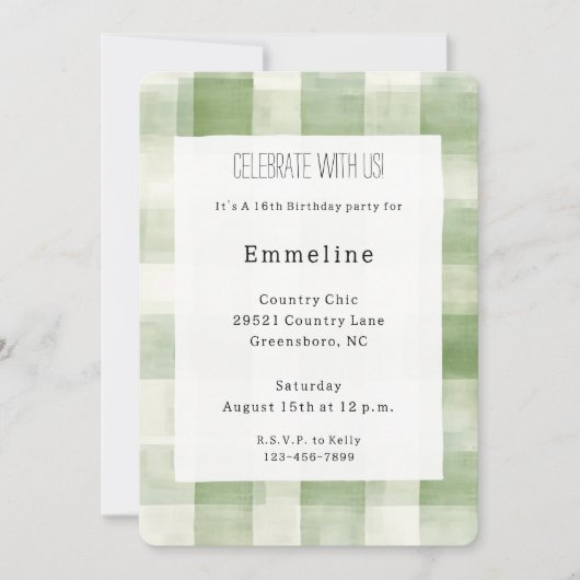 Western Grüne Creme Karierte Streifen Land Geburts Einladung (Vorderseite)