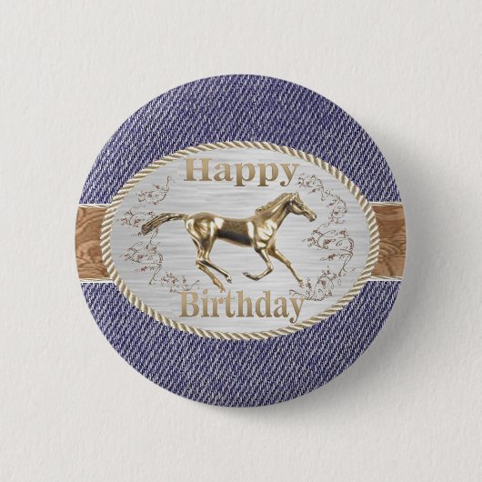 Western Gürtel und Schnalle auf Denim Happy Birthd Button (Vorderseite)