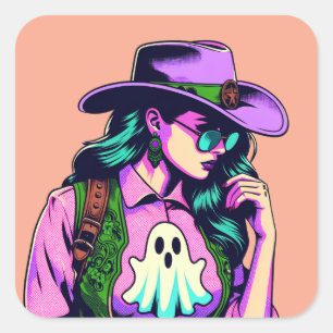 Western Halloween Cowgirl Ghost Pop Art Stickers