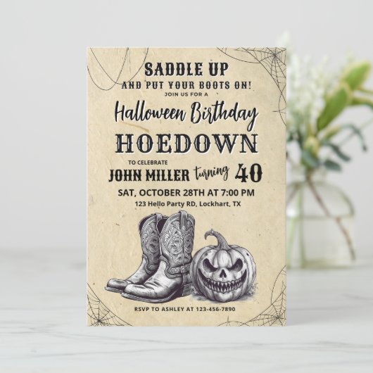 Western Halloween Hoedown, Cowboy Einladung (Stehend Vorderseite)